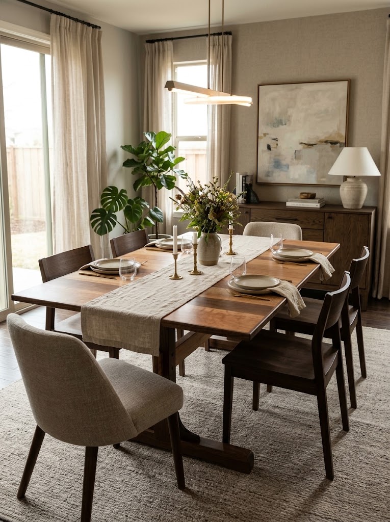 Striped hardwood trestle dining table set for dinner