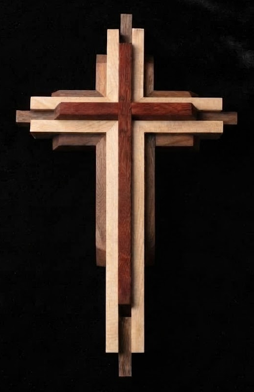 Layered cross with walnut, maple and padauk layers