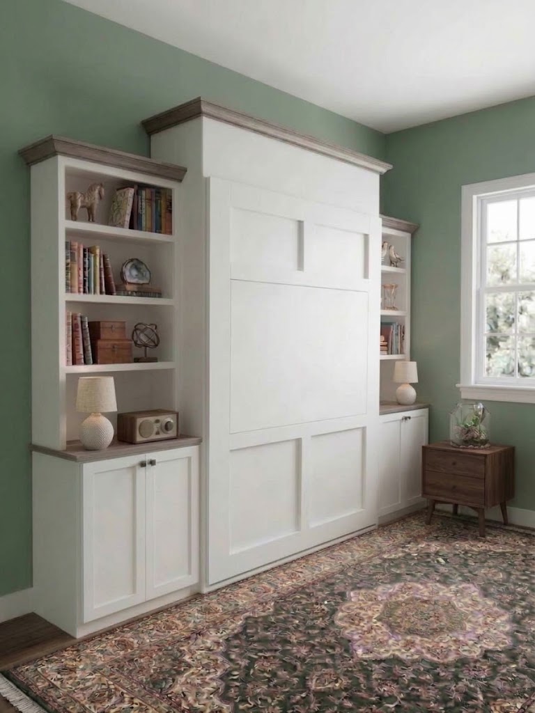 Murphy bed cabinet, closed, with bookcases on each side